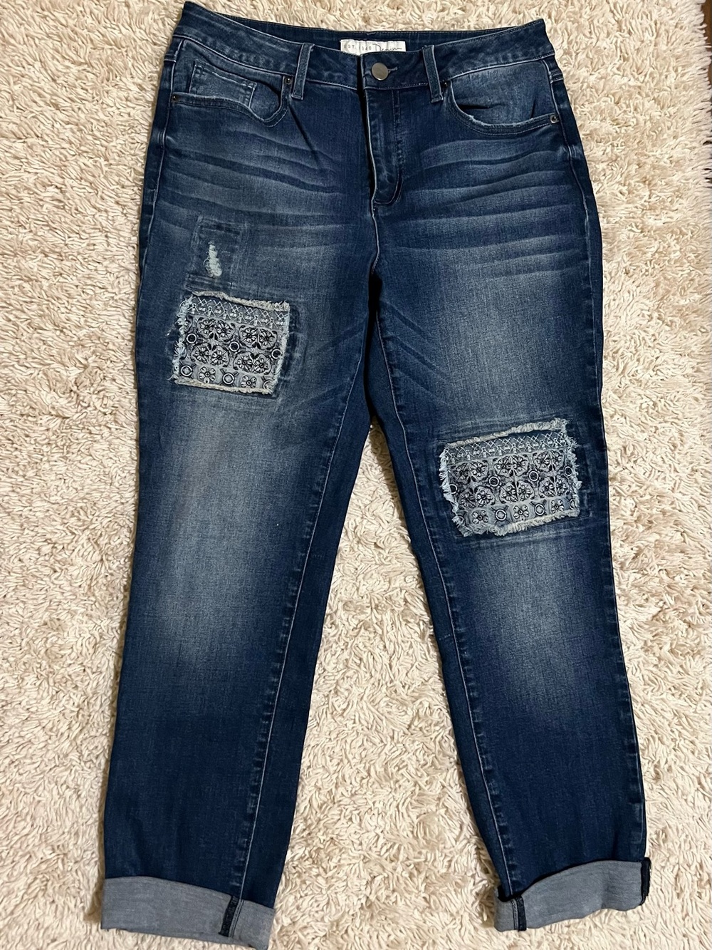 Women's Dark Blue Boyfriend Jeans with Patch Detail